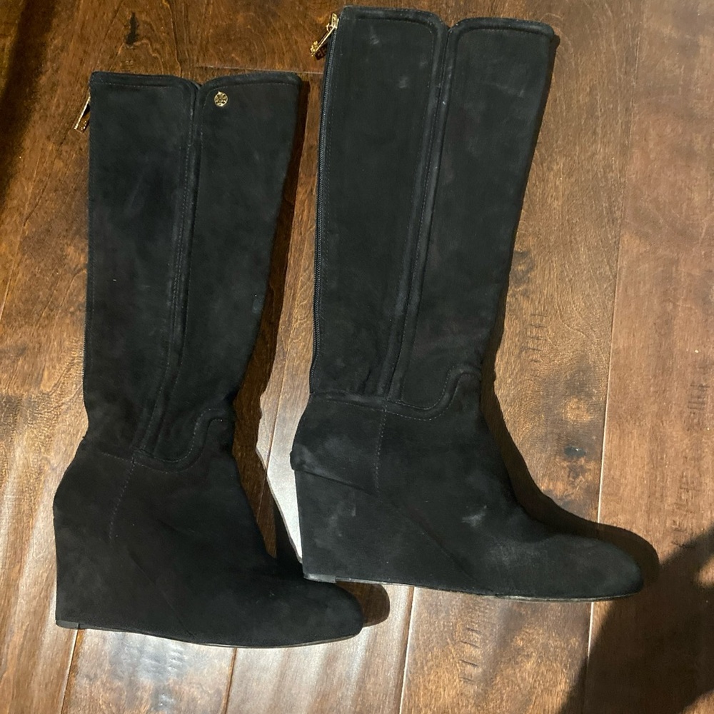 Tory Burch Irene Black Suede Wedge Tall Boots Size 7M